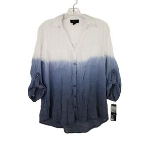 BCX Blouse Womens Small Button Down Shirt Roll Tab Sleeve Blue White Ombre New‎